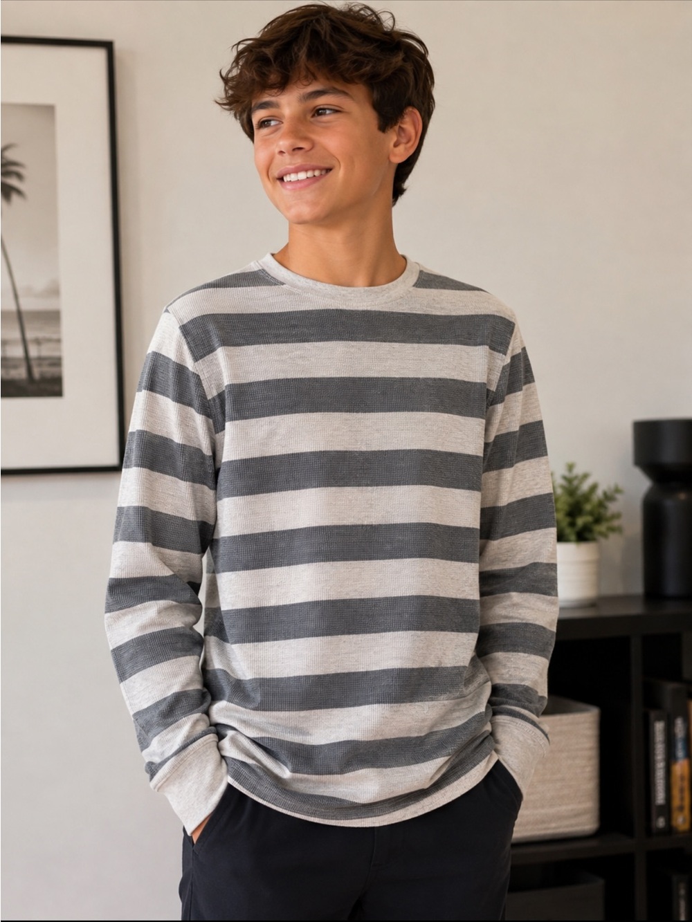 Epic Threads Boys Large Gray Striped Thermal Waffle Knit Long Sleeve Shirt